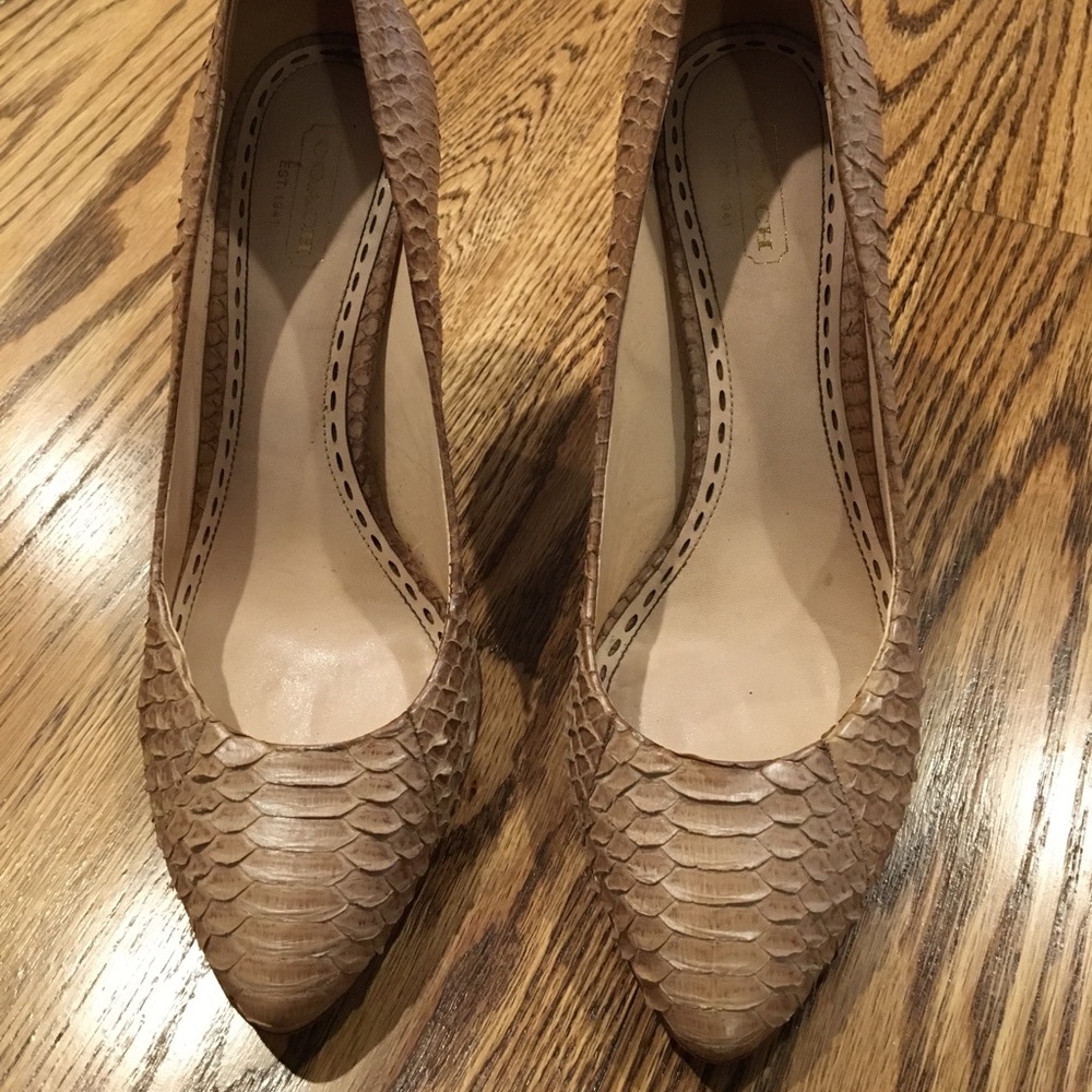 Blush colored Coach snake skin heels